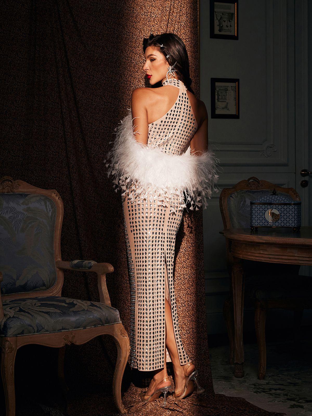 Russell Halterneck Rhinestone Feather Maxi Dress - Mew Mews