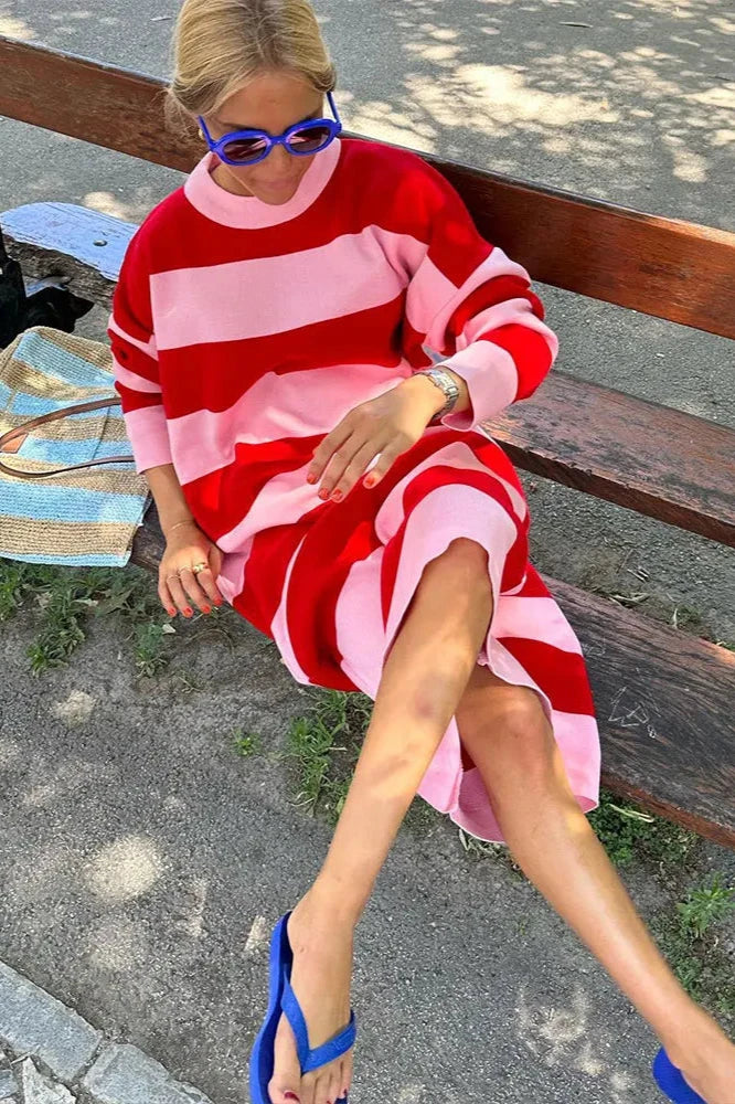 Casual Striped Midi Dress-aritzao