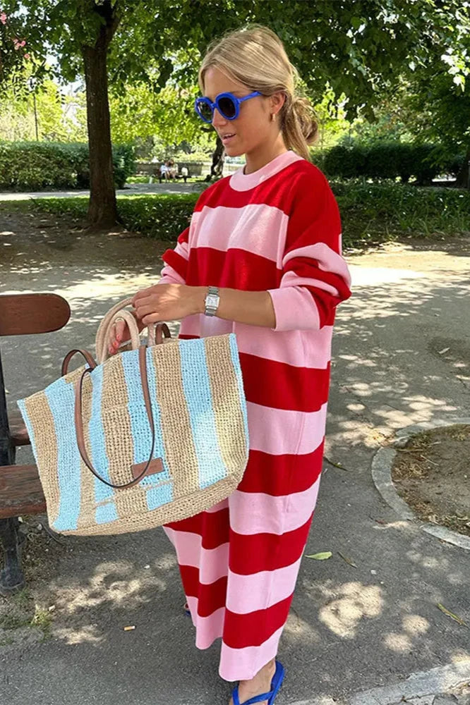 Casual Striped Midi Dress-aritzao