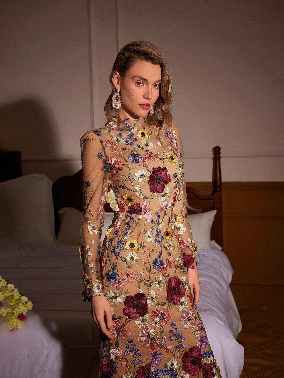 Saige Long Sleeve Mesh Flower Mermaid Dress In Blush - Mew Mews