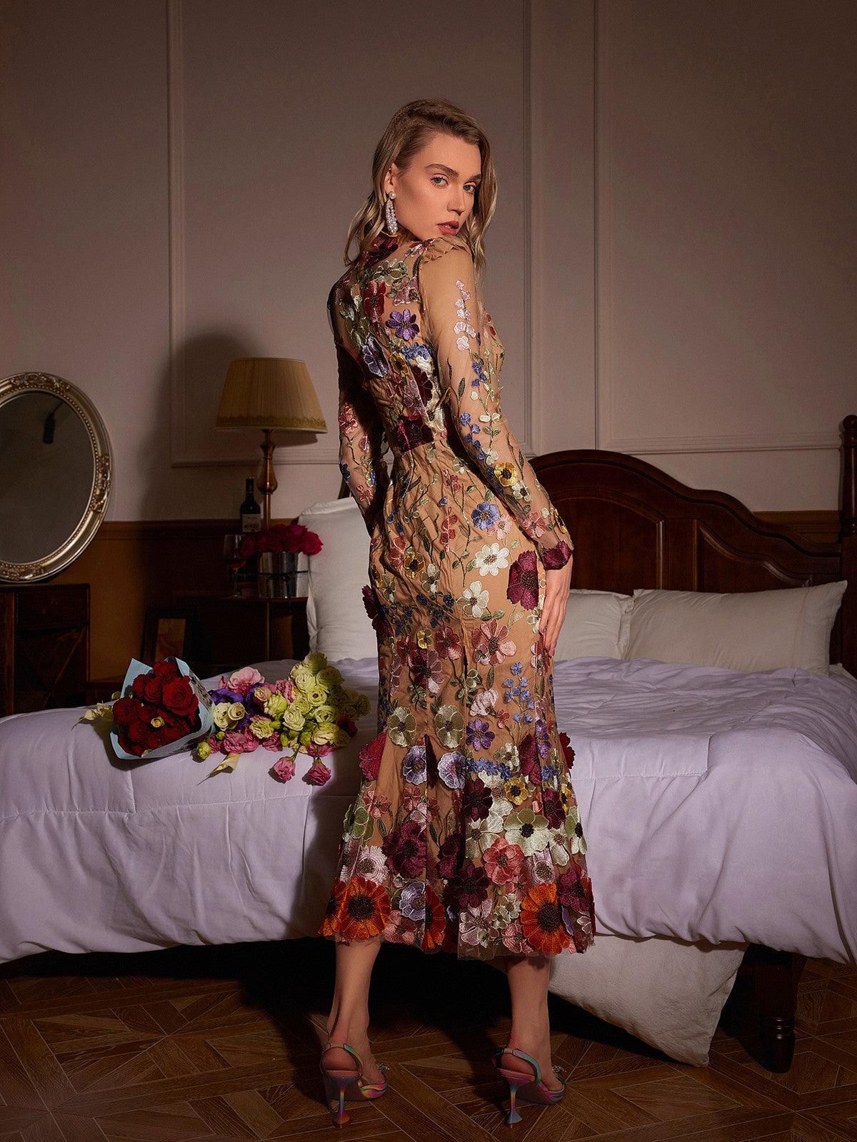 Saige Long Sleeve Mesh Flower Mermaid Dress In Blush - Mew Mews