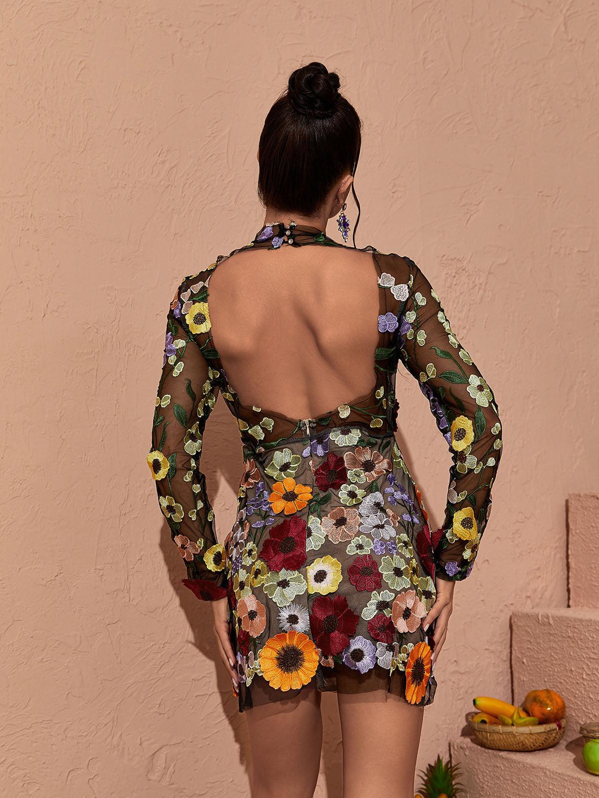 Saige Long Sleeve Mesh Flower Mini Dress In Black - Mew Mews