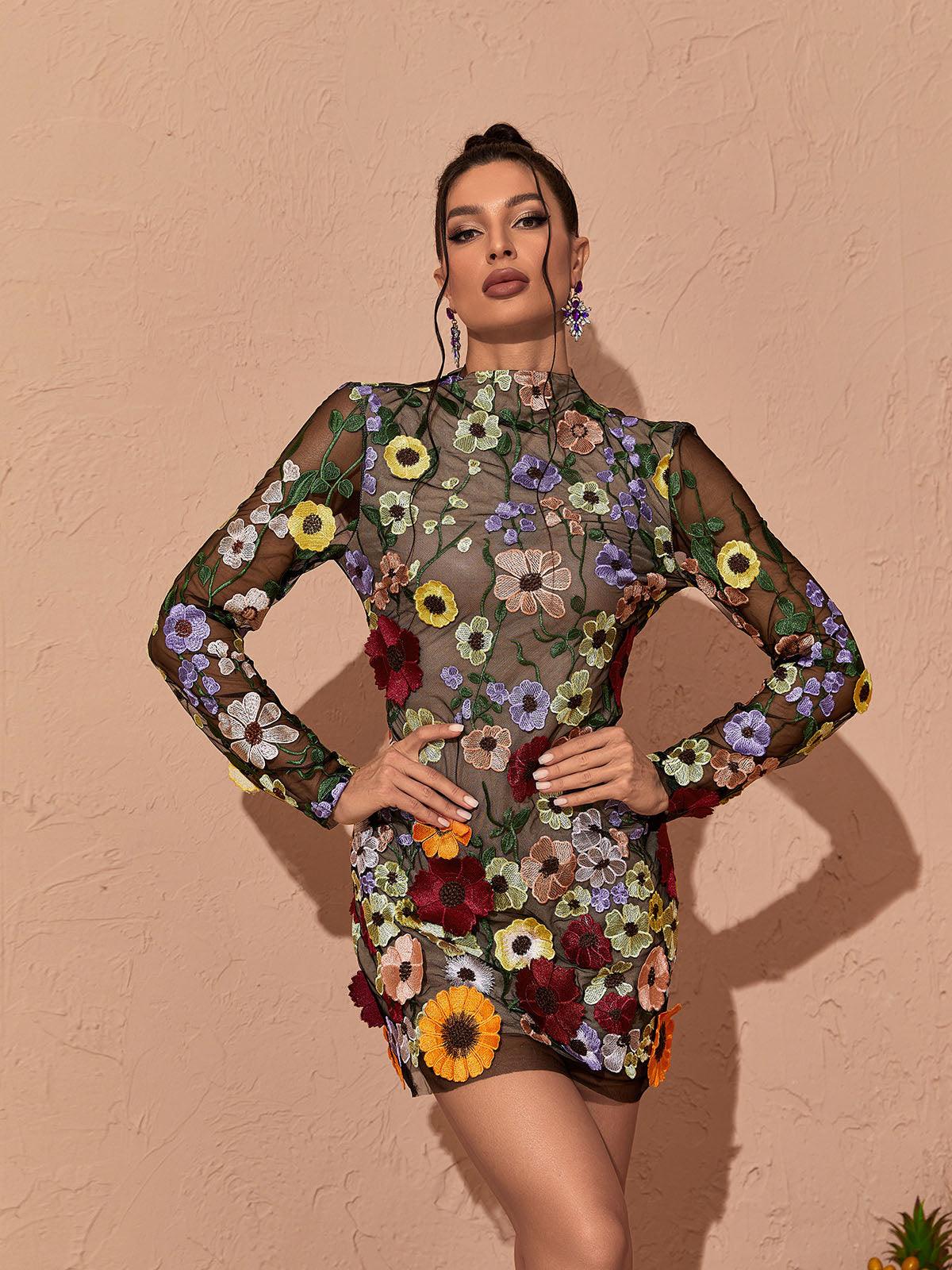 Saige Long Sleeve Mesh Flower Mini Dress In Black - Mew Mews