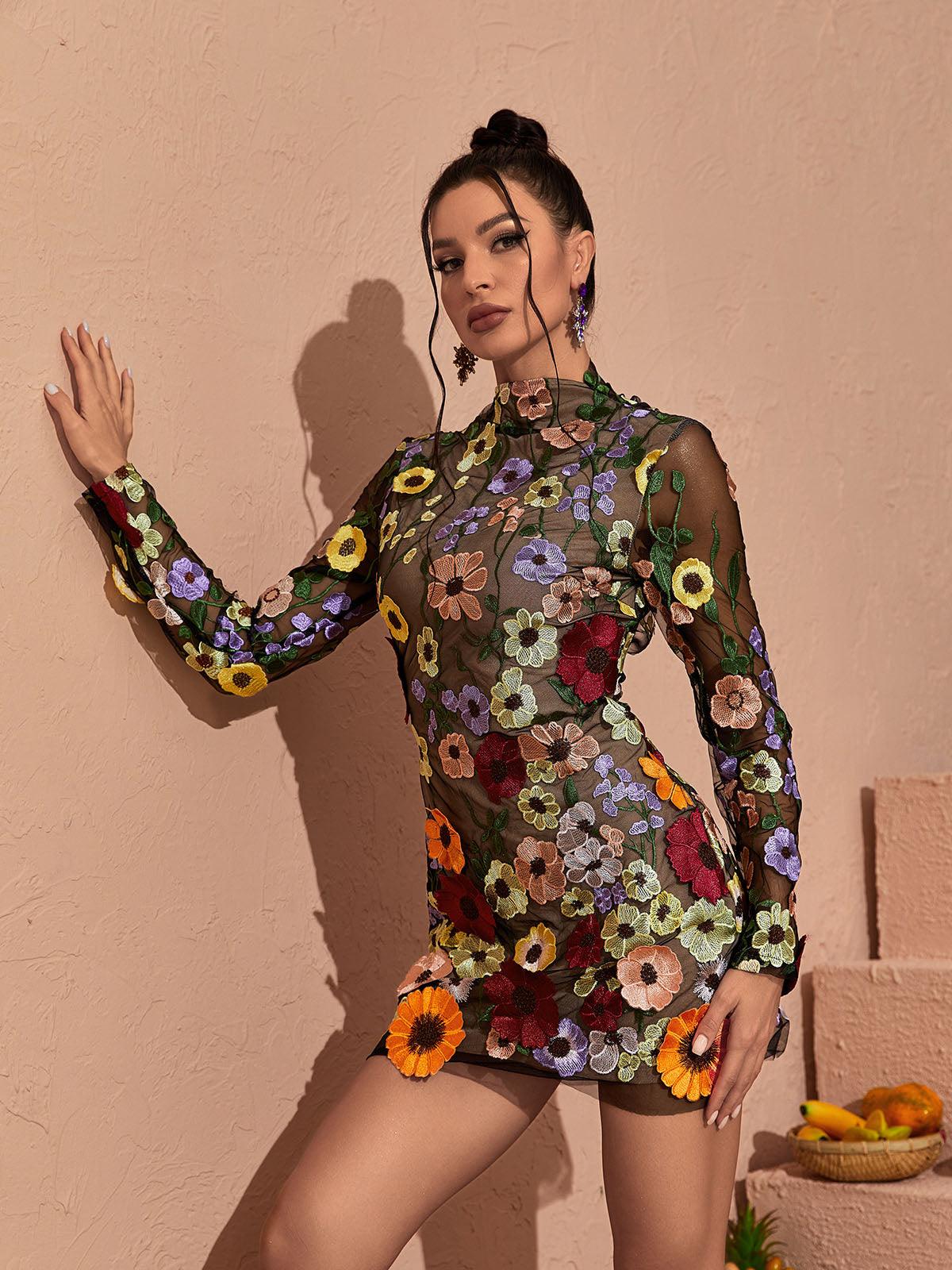 Saige Long Sleeve Mesh Flower Mini Dress In Black - Mew Mews