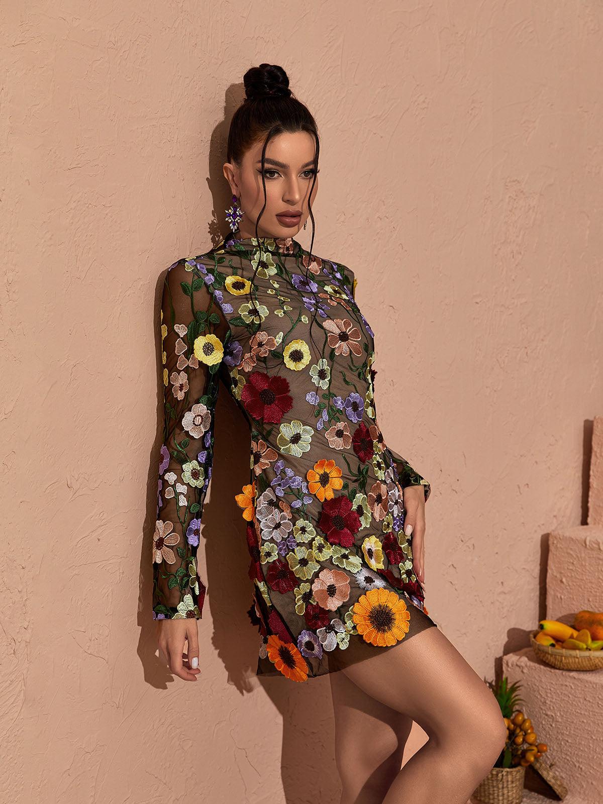 Saige Long Sleeve Mesh Flower Mini Dress In Black - Mew Mews