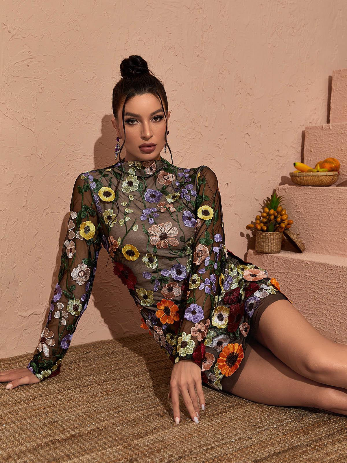 Saige Long Sleeve Mesh Flower Mini Dress In Black - Mew Mews