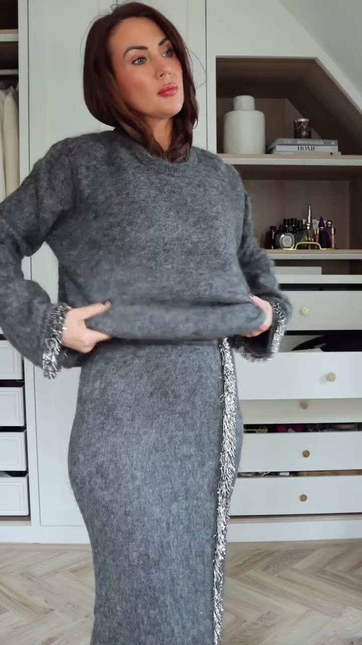 Designer gray chic skirt suit