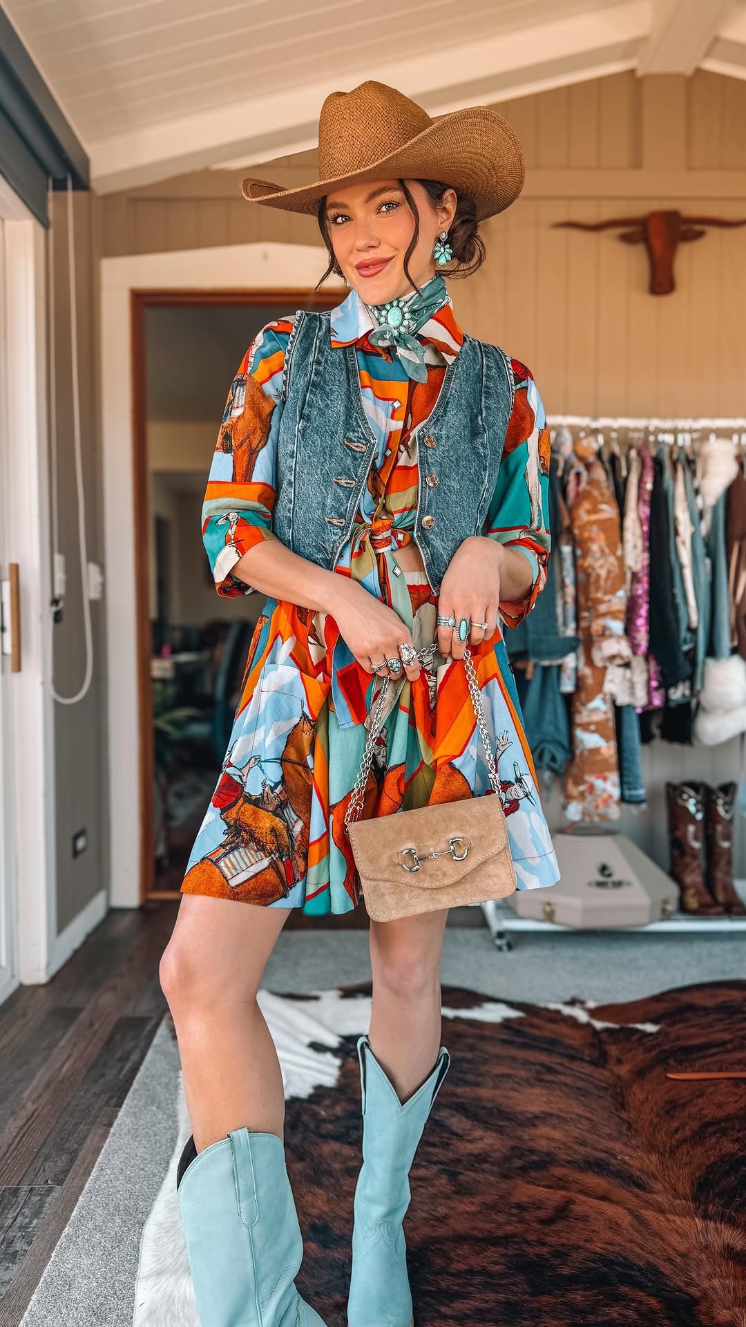 Resort Western Style Print Three-Piece Set（Vest + shirt + skirt）