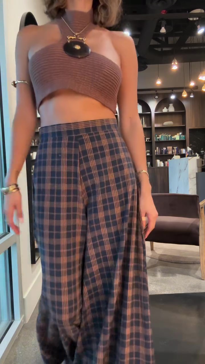 Designer plaid wide leg trousers