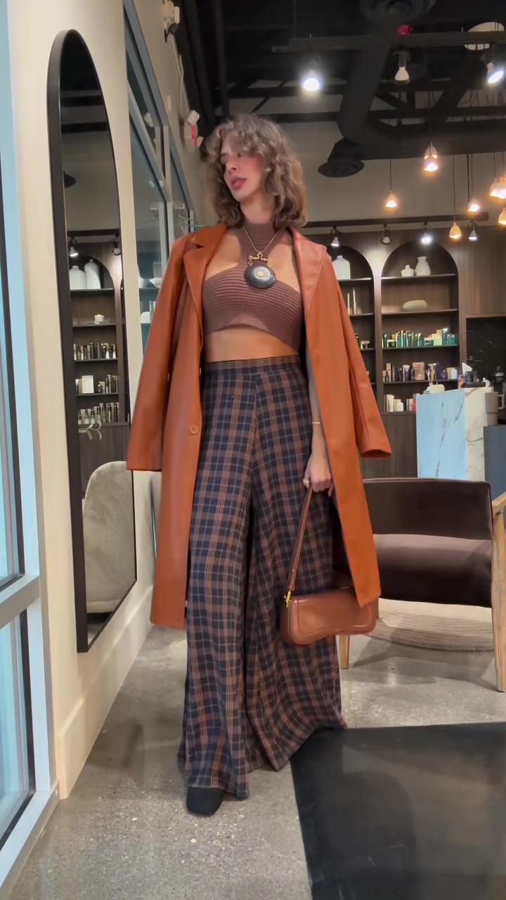 Designer plaid wide leg trousers