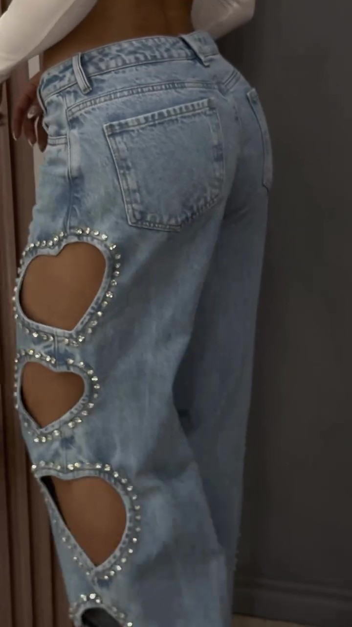 Hollow Heart Diamond Wide Leg Jeans