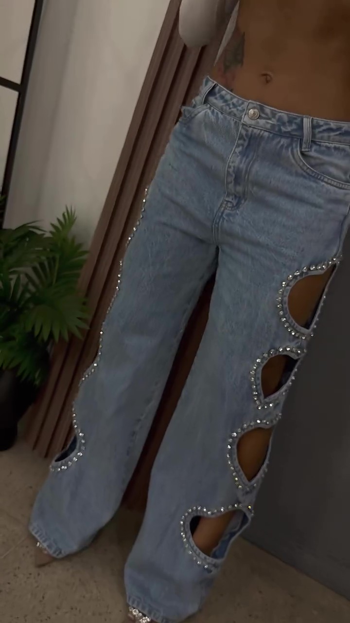 Hollow Heart Diamond Wide Leg Jeans