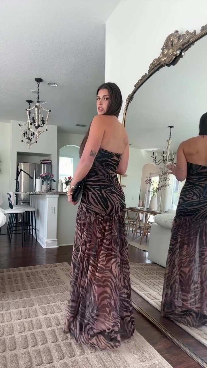 Holiday brown zebra print maxi dress with slits