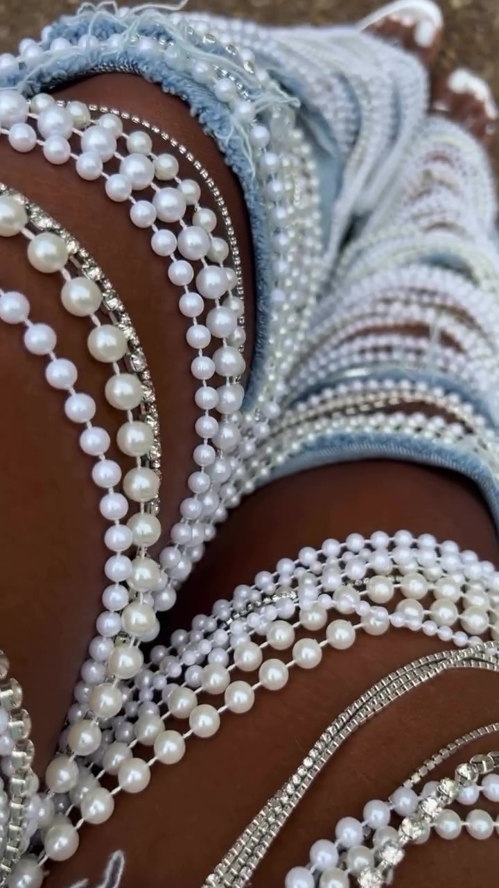 Designer handmade pearl chain jeans