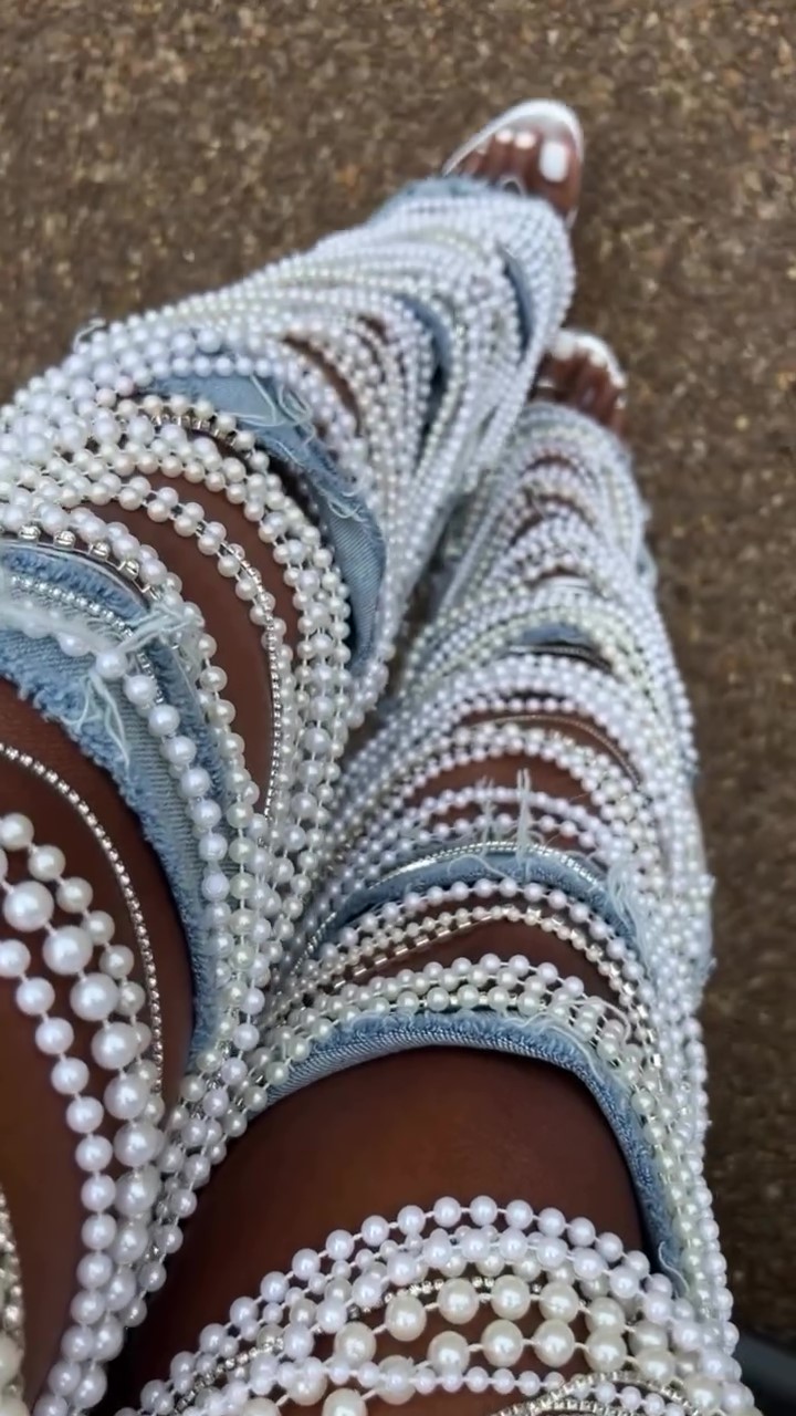 Designer handmade pearl chain jeans
