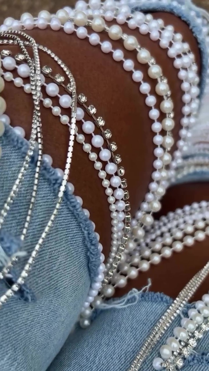 Designer handmade pearl chain jeans