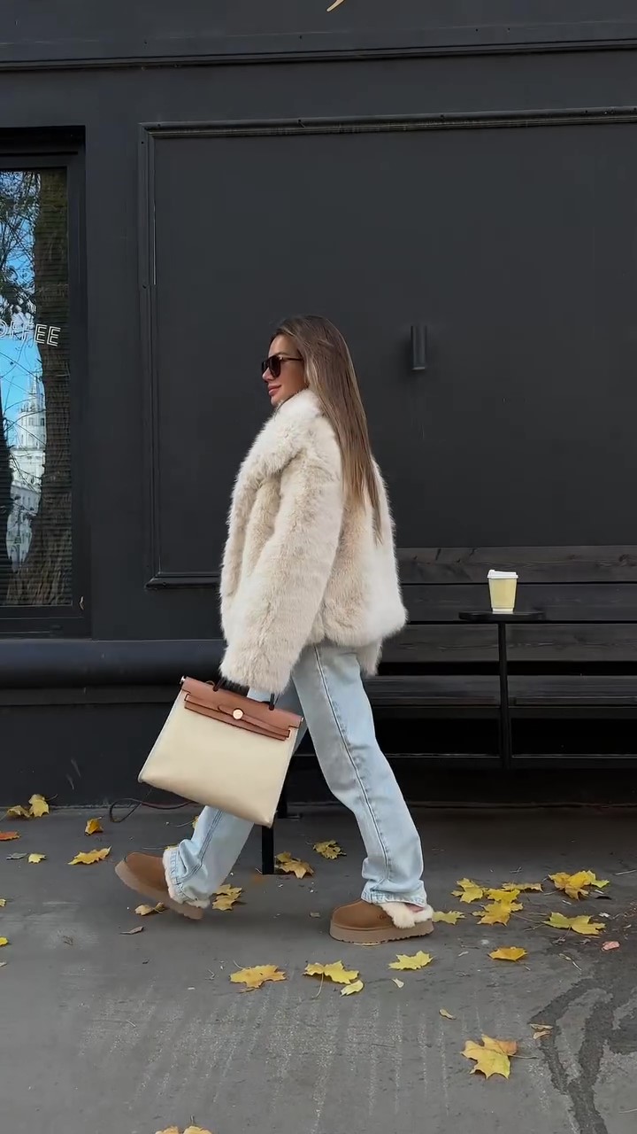 Designer white short fur coat