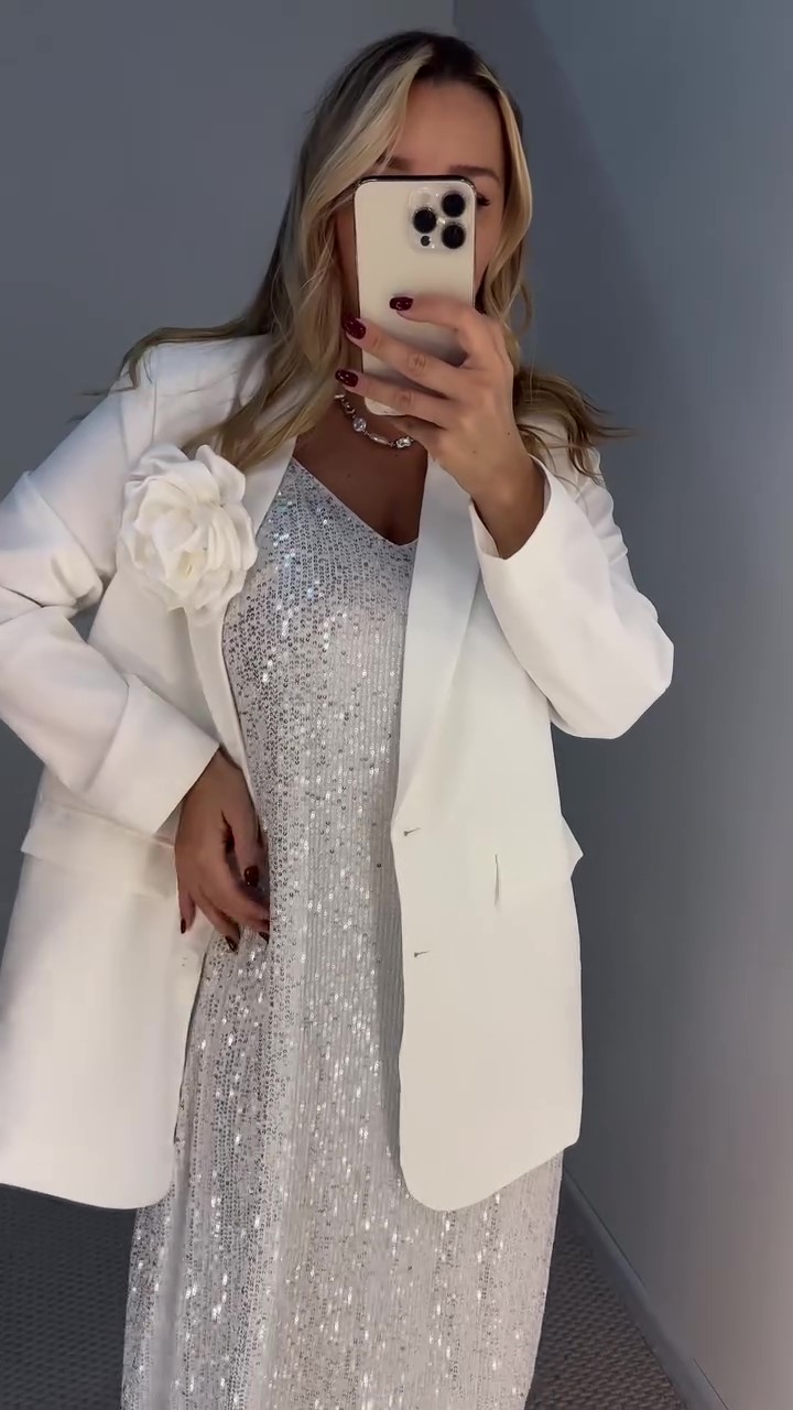 Designer chic suit + chic sequined dress