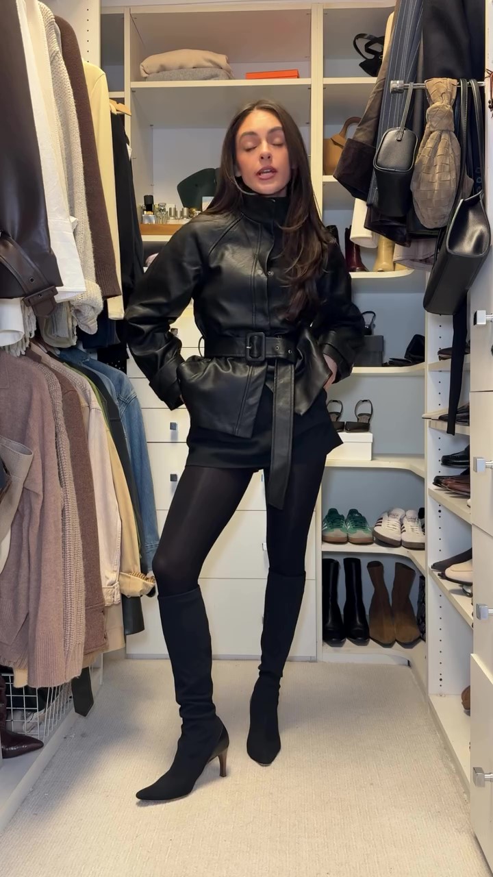 Designer black waisted windproof leather jacket