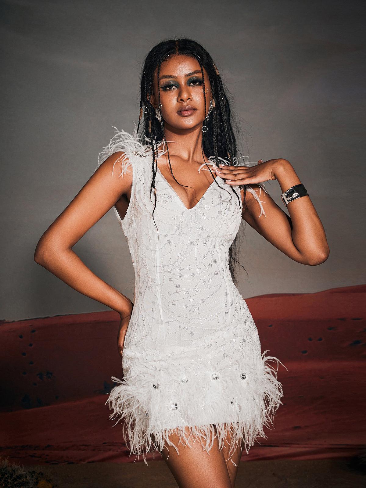 Shaquille Sequin Feather Mini Dress - Mew Mews