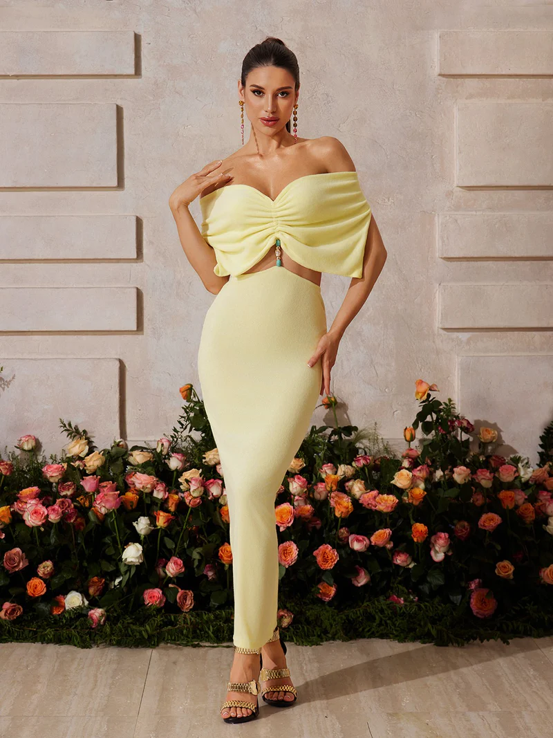 Glam Off - Shoulder Ruched Crop Top & Maxi Skirt Set