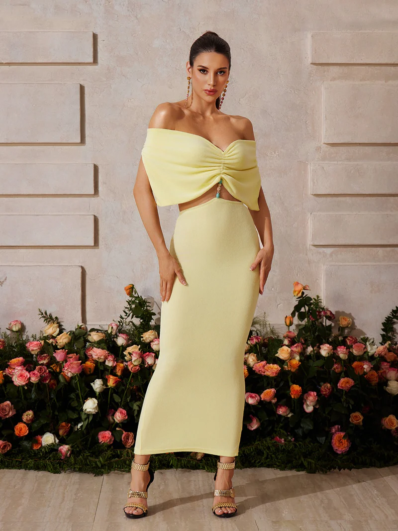 Glam Off - Shoulder Ruched Crop Top & Maxi Skirt Set