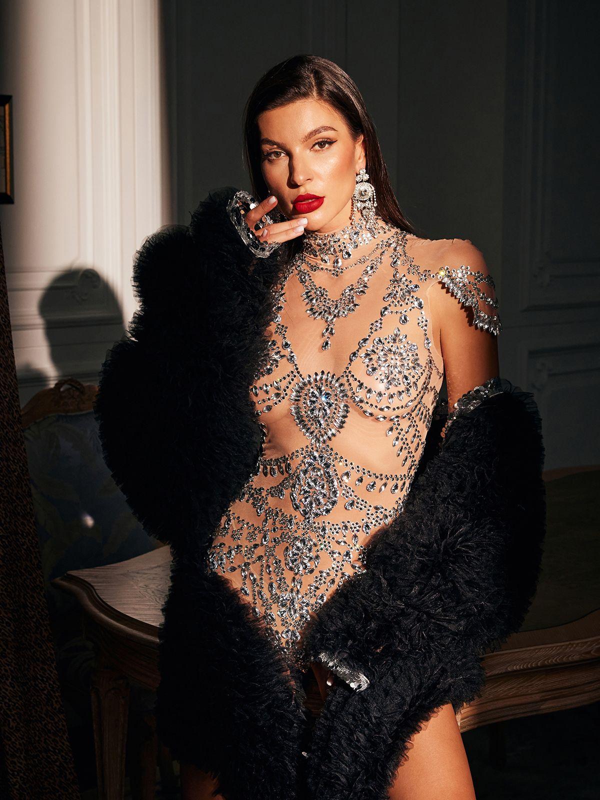 Simona High Neck Rhinestone Bodysuit - Mew Mews