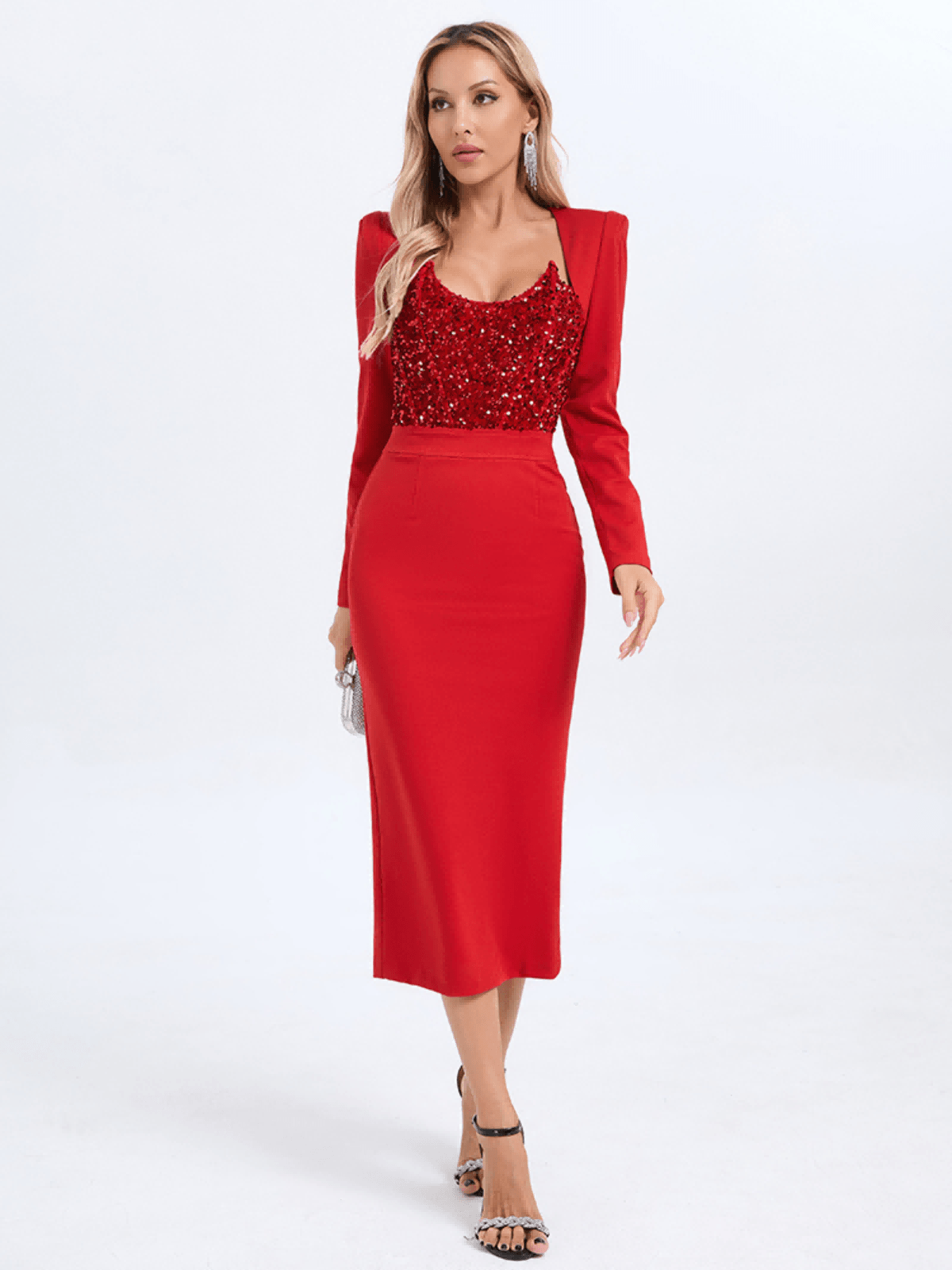 Sweetie Long Sleeve Patchwork Sequin Midi Dress In Red - Mew Mews
