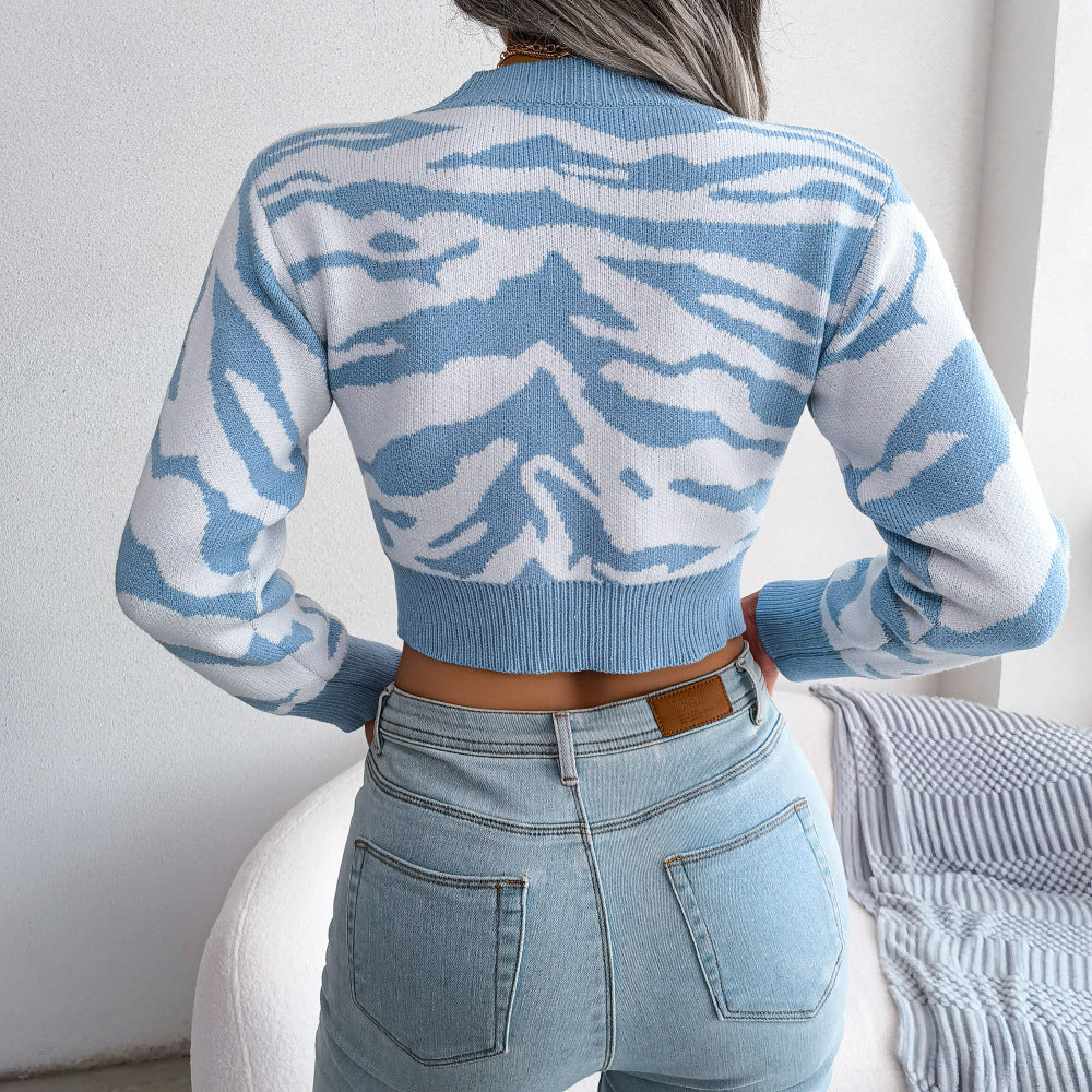 Tiger Stripe Printed Long Sleeve Crop Sweater-CALLISTARI