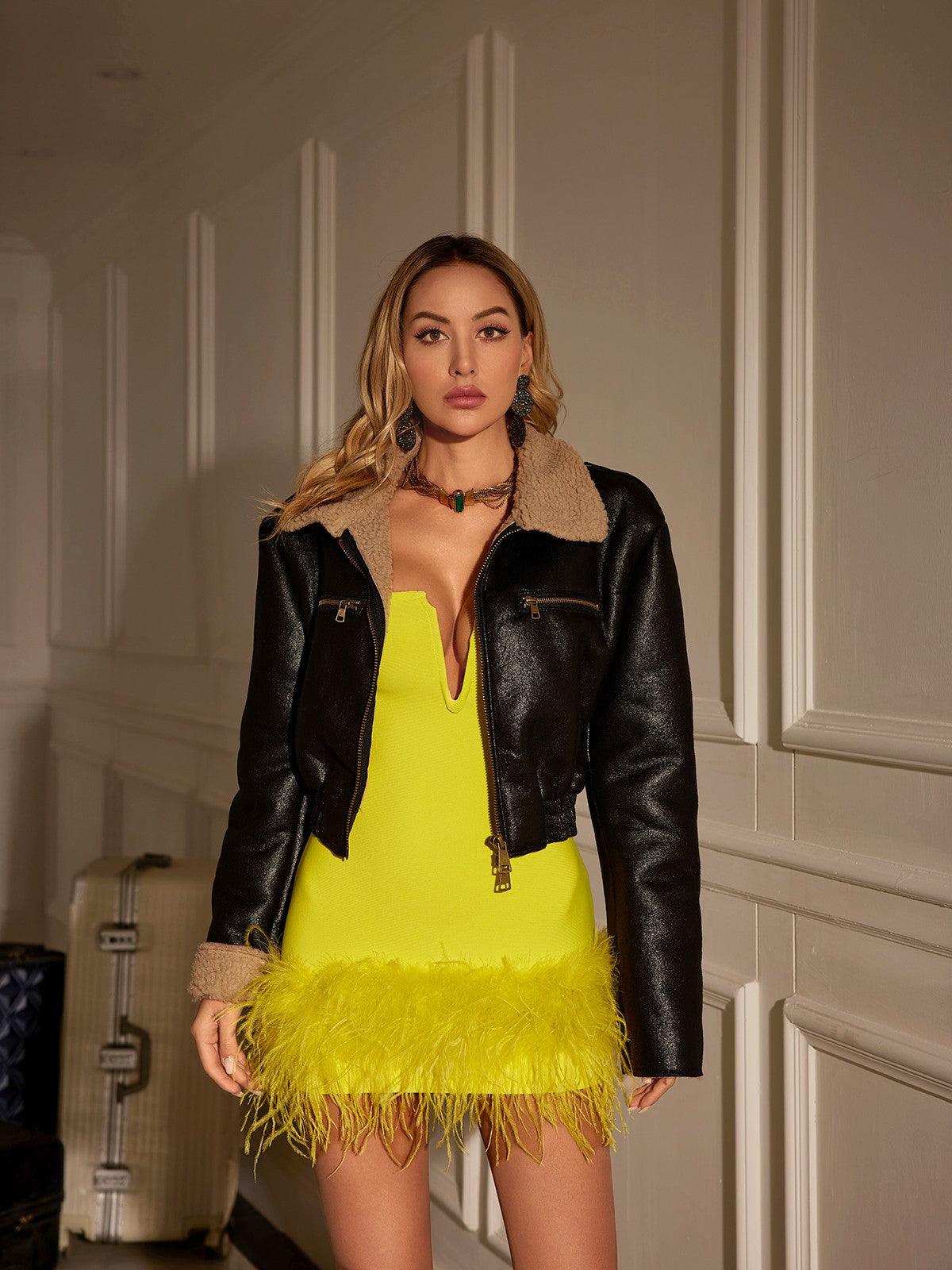 Veer Strapless Feather Bandage Dress In Yellow - Mew Mews