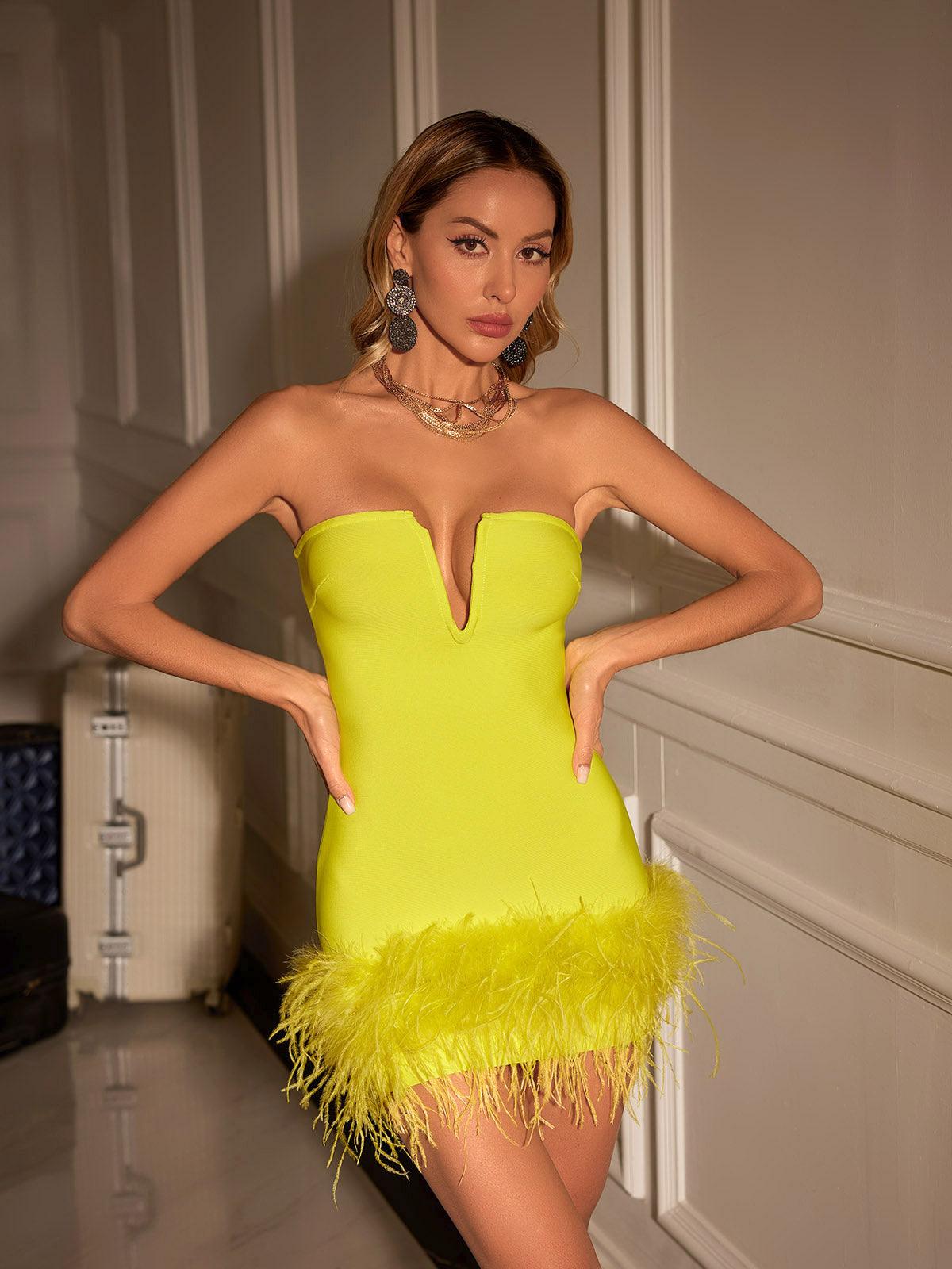 Veer Strapless Feather Bandage Dress In Yellow - Mew Mews