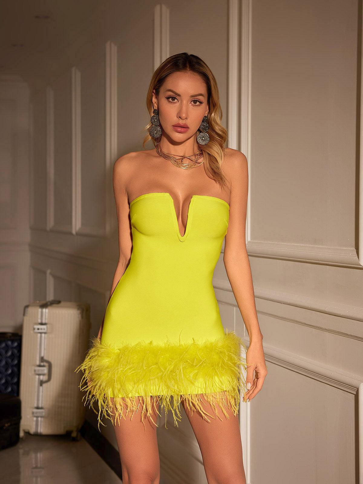Veer Strapless Feather Bandage Dress In Yellow - Mew Mews