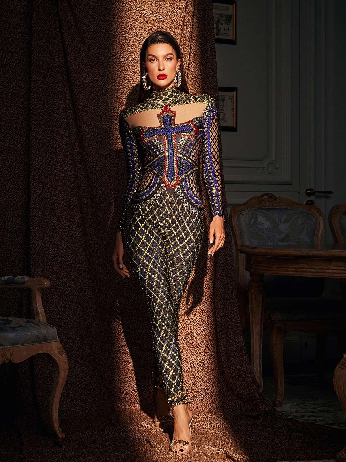 Venetia Printed Rhinestone Jumpsuit - Mew Mews