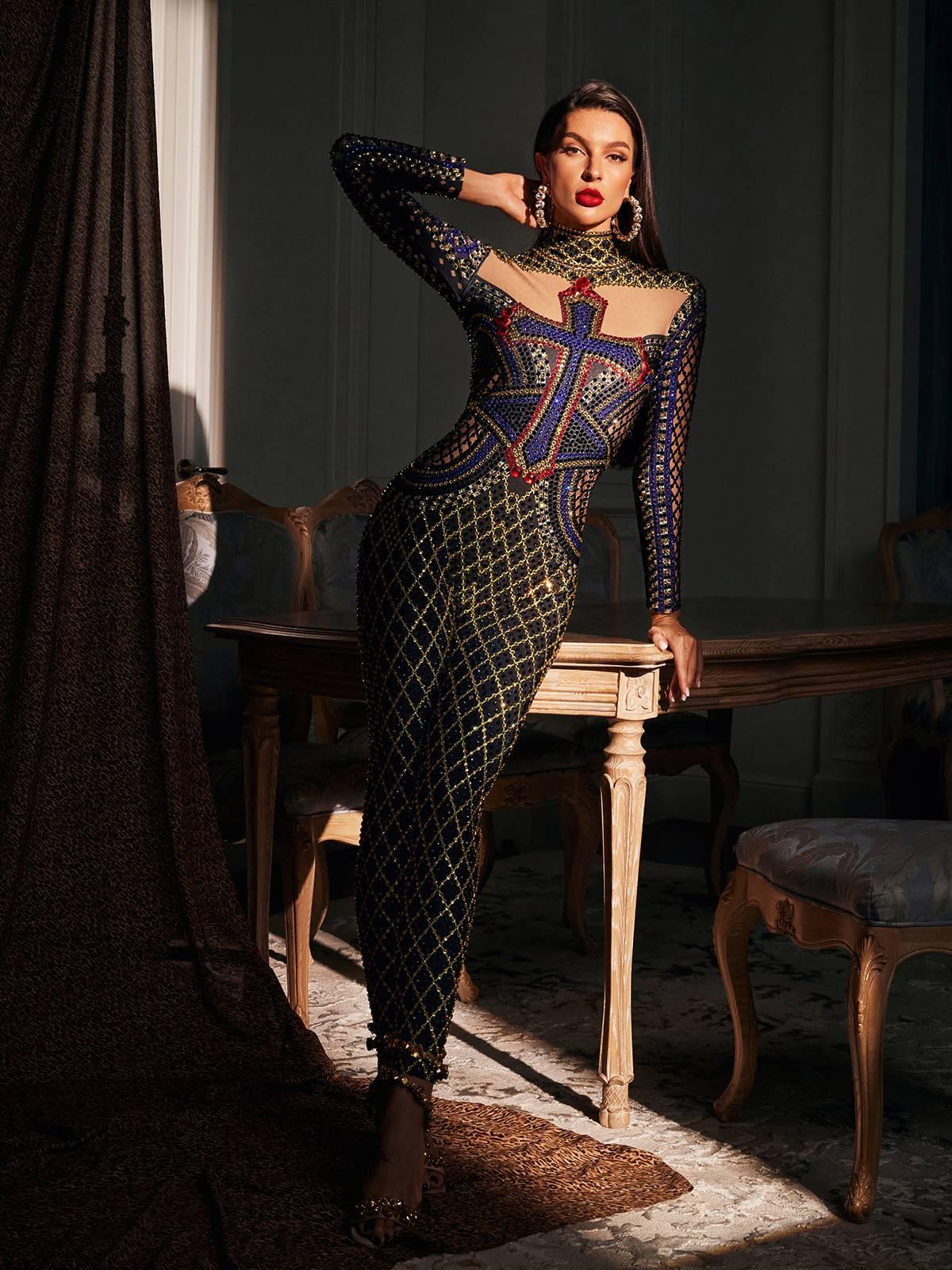 Venetia Printed Rhinestone Jumpsuit - Mew Mews