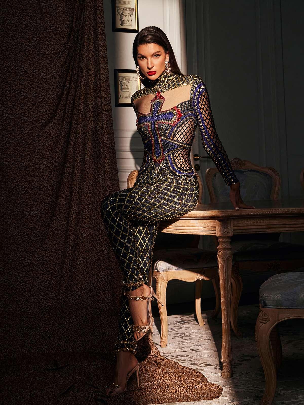 Venetia Printed Rhinestone Jumpsuit - Mew Mews