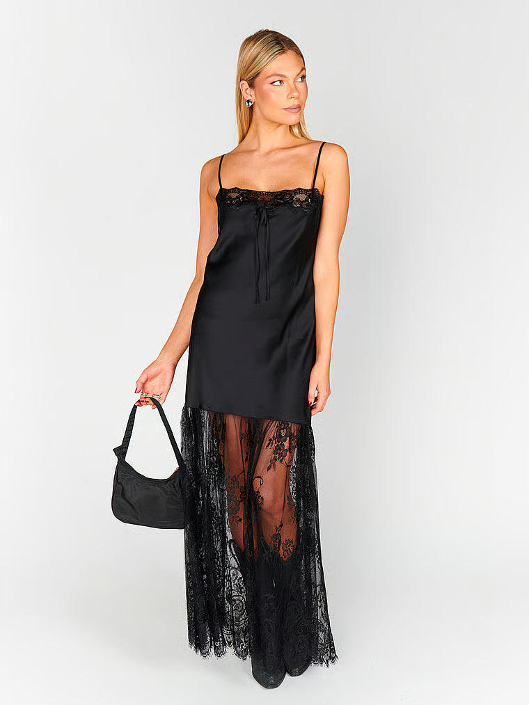 Black Swan Satin Maxi with Lace Trim