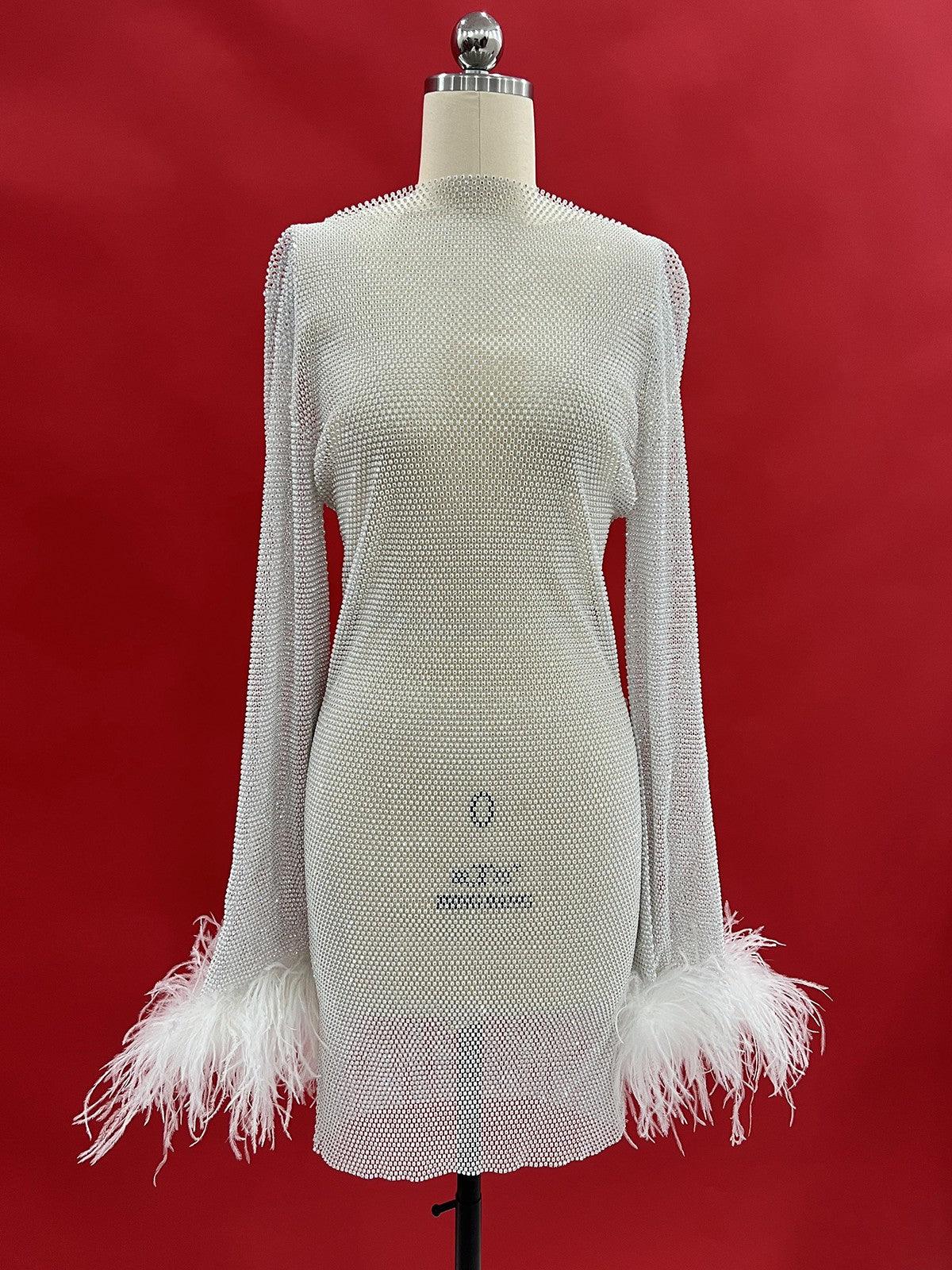 Xanthe Rhinestone Mesh Mini Dress In White - Mew Mews