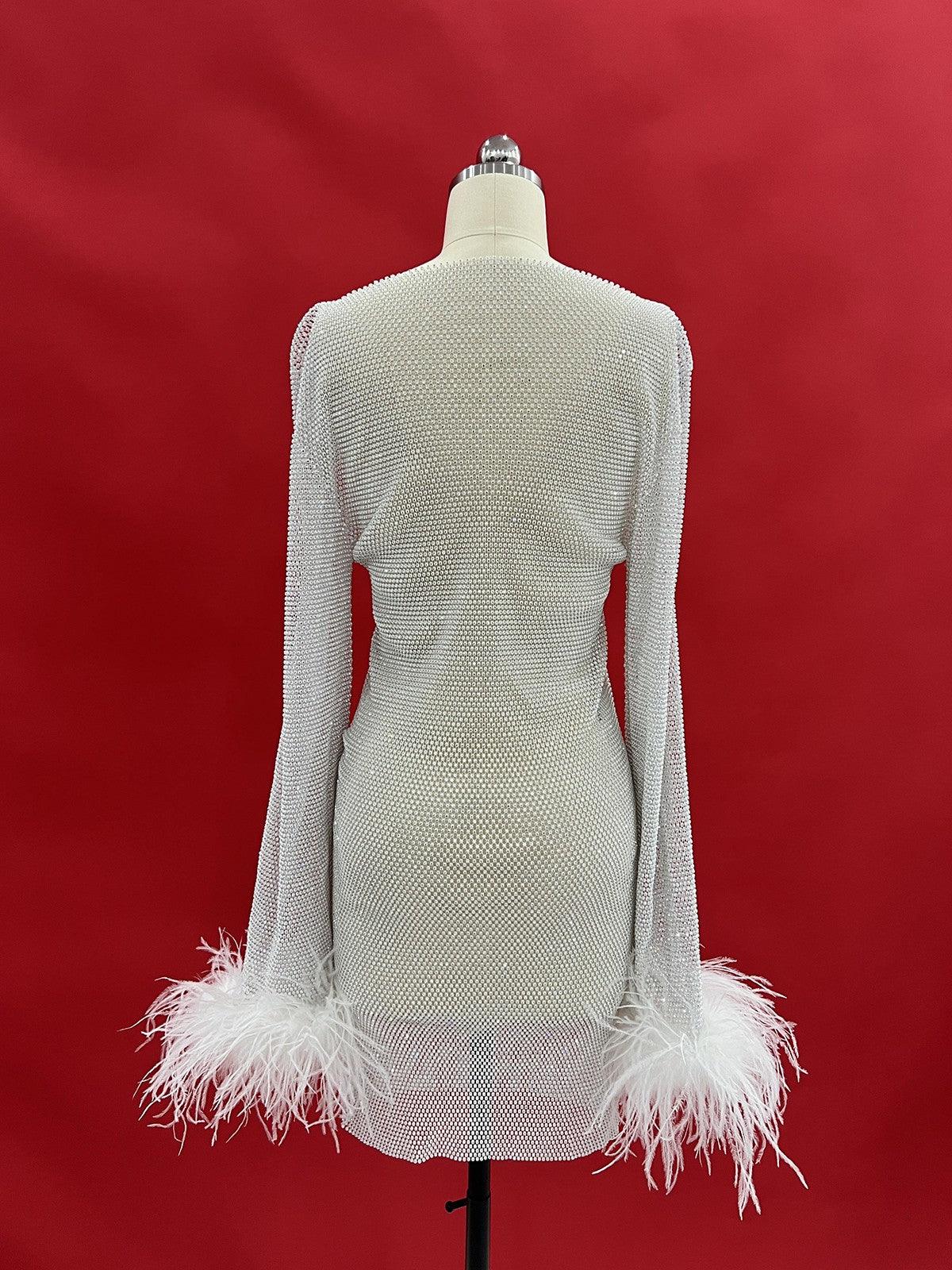 Xanthe Rhinestone Mesh Mini Dress In White - Mew Mews