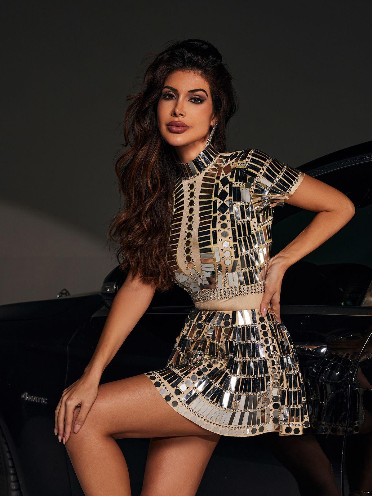 Zuleika Short Sleeve Acrylic Mini Dress In Silver - Mew Mews