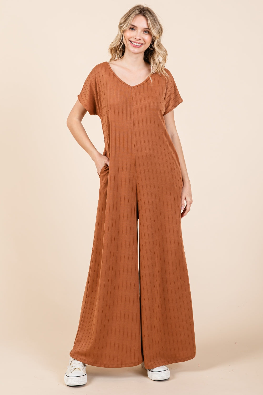 BOMBOM Ribbed Short Sleeve Wide Leg Jumpsuit-aritzao