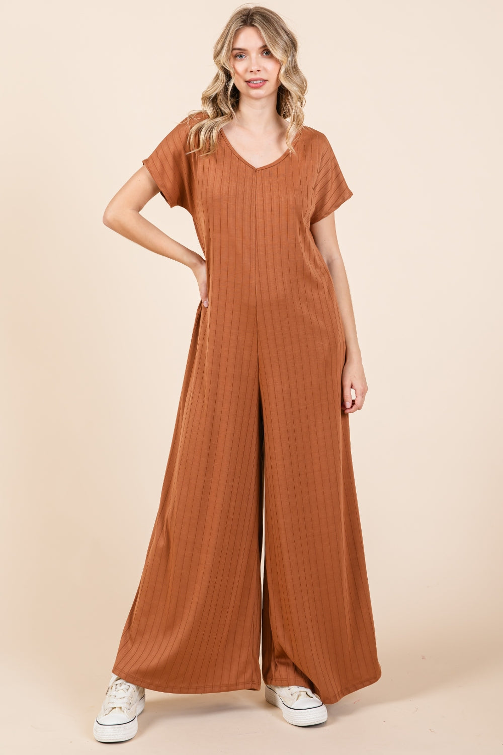 BOMBOM Ribbed Short Sleeve Wide Leg Jumpsuit-aritzao