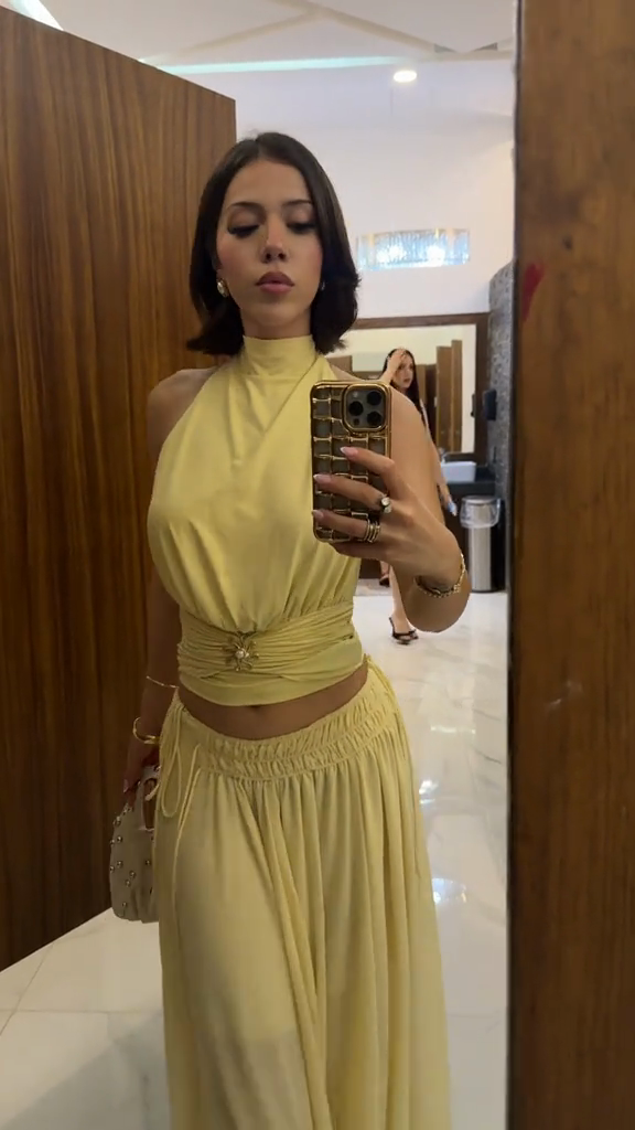 Lemon Yellow Halter Crop Top & Maxi Skirt Set-aritzao