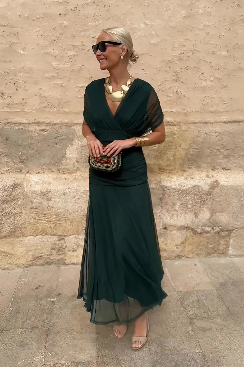 Elegant V-neck Fantasy Painted Floral Print Party Maxi Dress-aritzao