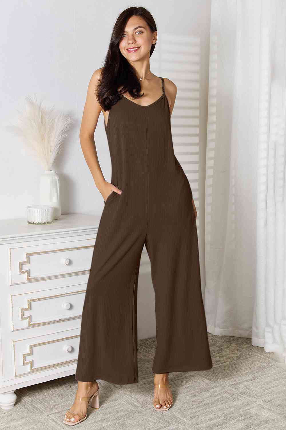 Basic Bae Full Size Spaghetti Strap V-Neck Jumpsuit-aritzao