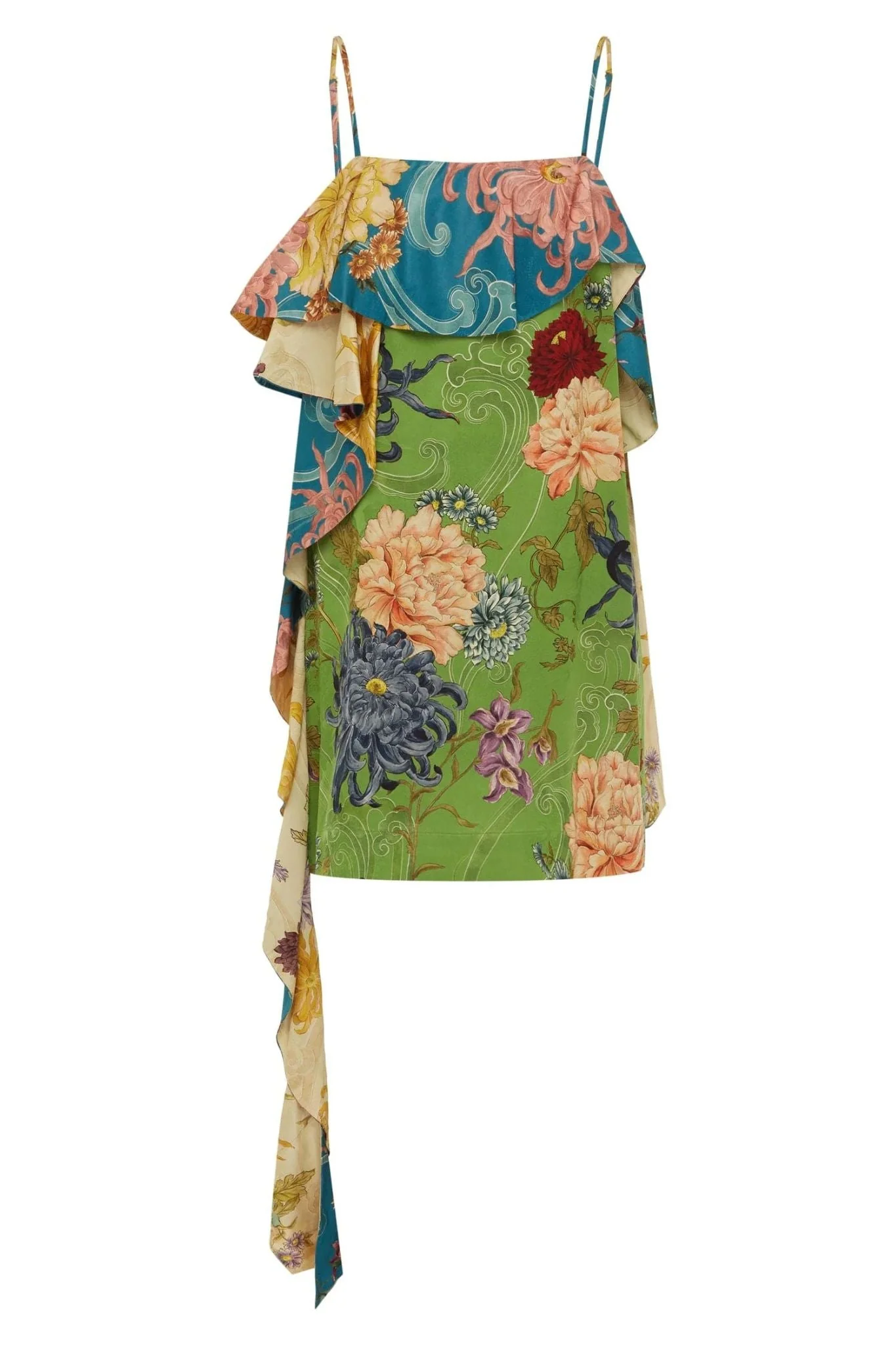 Glam Asymmetric Floral Print Ruffle Mini Dress