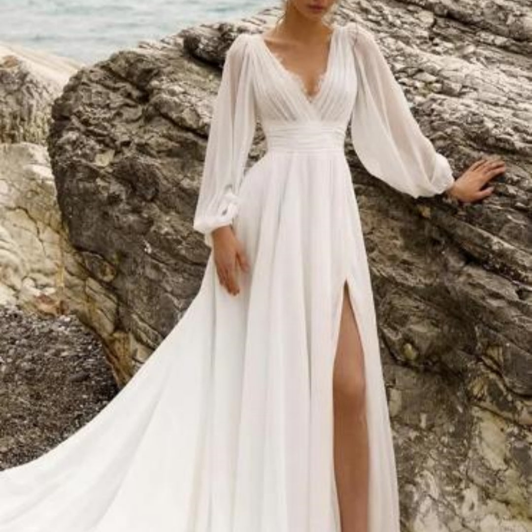 European And American High Waist Plus Size Deep V Long Sleeve Mopping Backless Wedding Dress High Slit-CALLISTARI