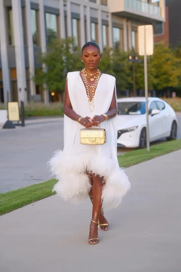 Elegant Sleeveless White Feather Patchwork Irregular Hem Midi Dress-aritzao