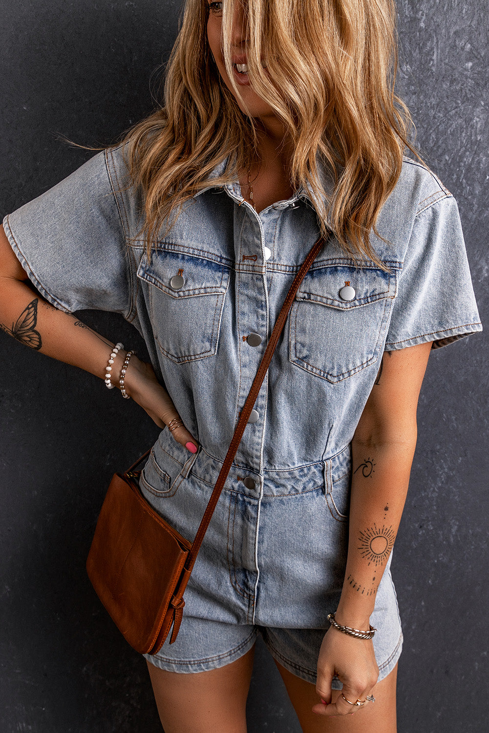 Collared Neck Short Sleeve Denim Romper-aritzao