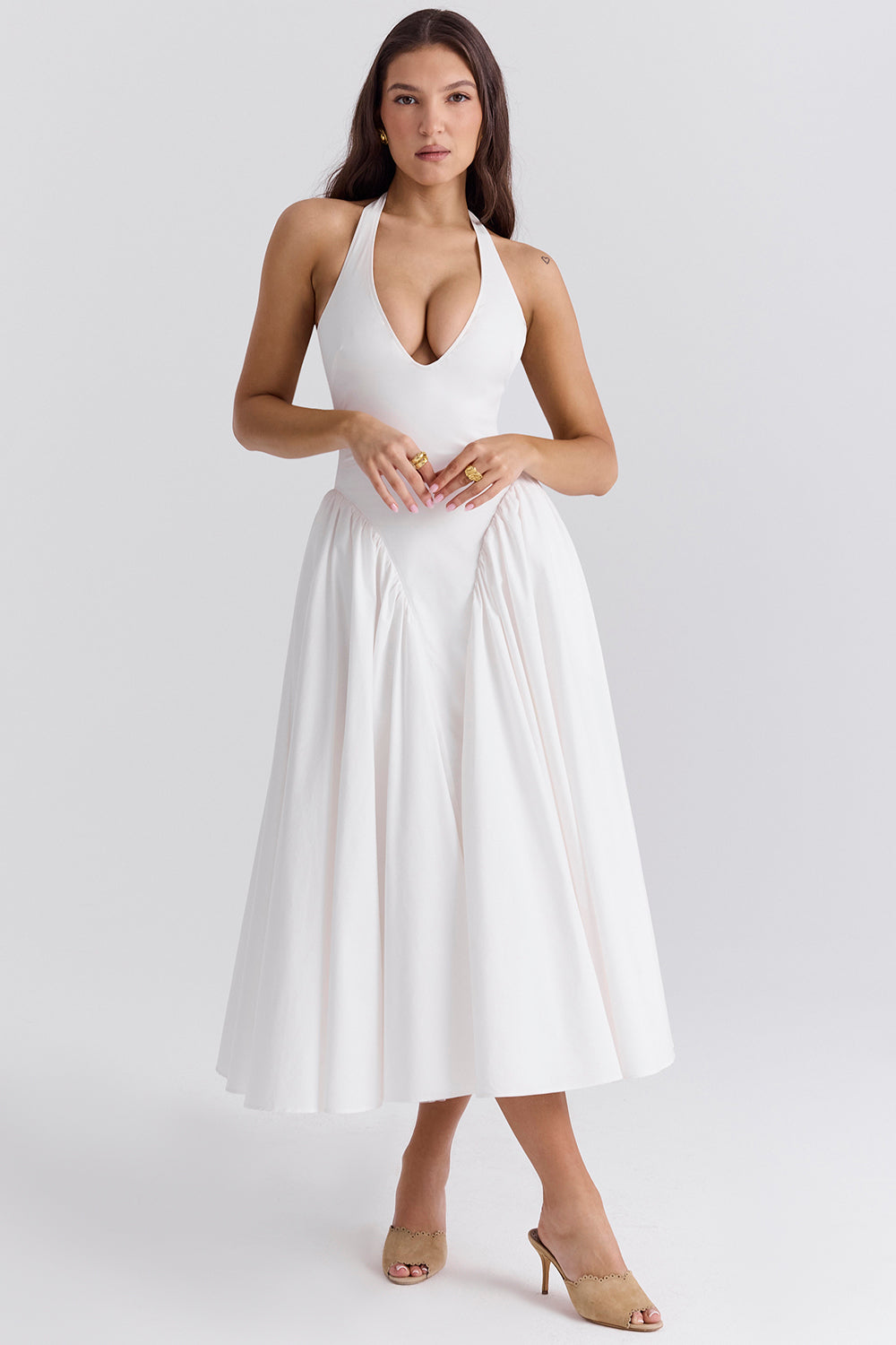 White Halter Neck Plunge Midi Dress-aritzao