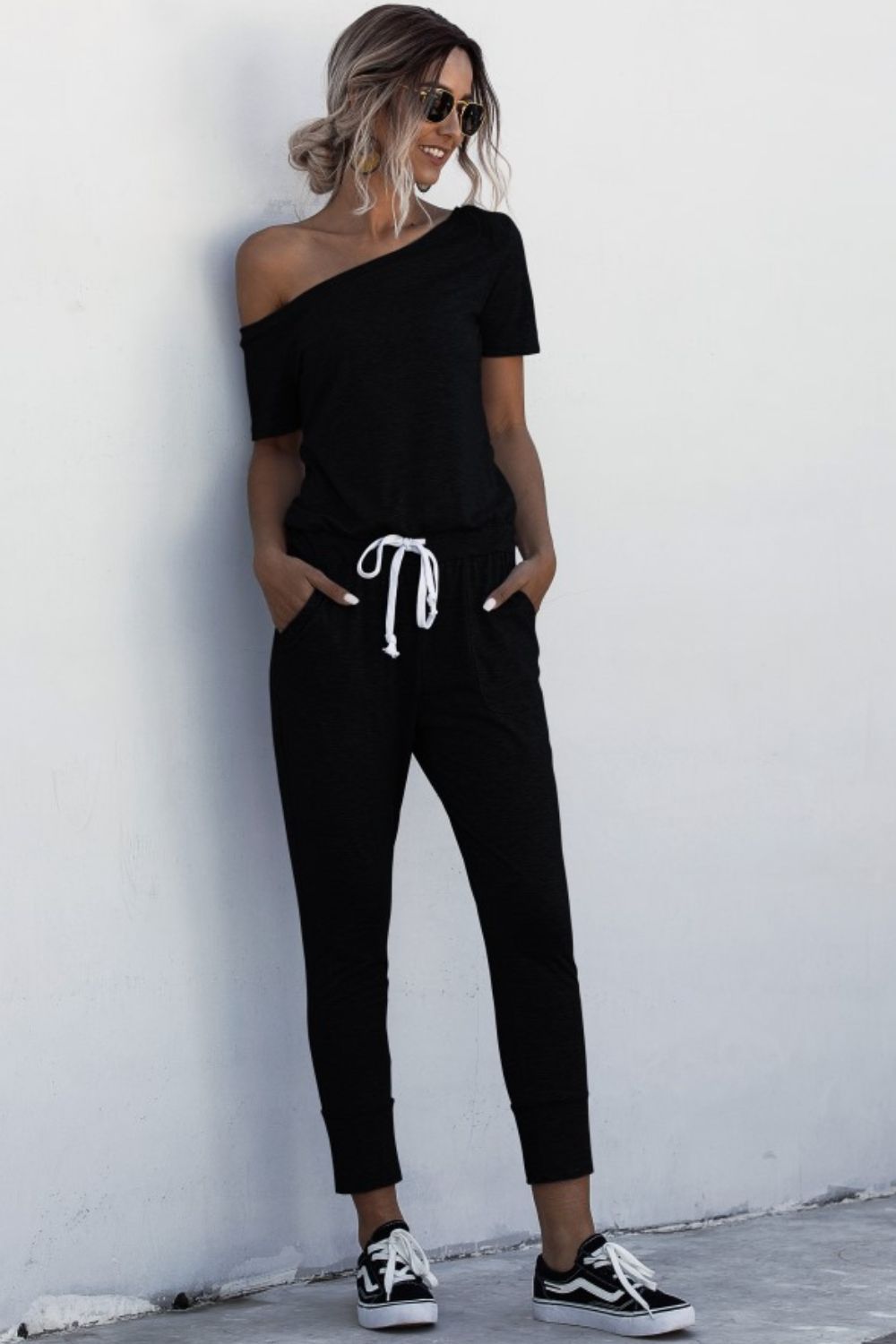 Asymmetrical Neck Tied Jumpsuit with Pockets-aritzao